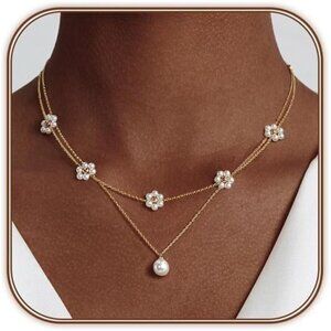 Gold Pearl 2pc Necklace Set | Women | 14K Gold Plated | Dainty Pearl Necklace